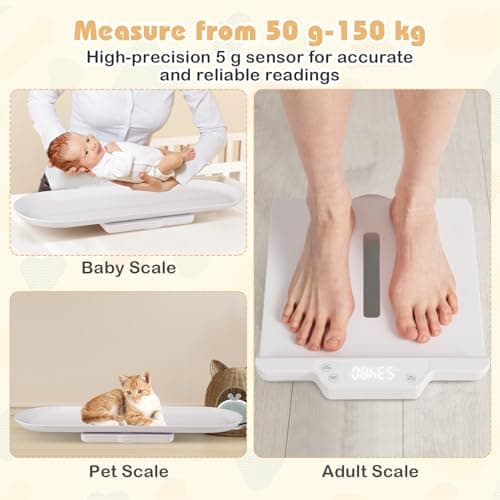 COSTWAY Baby Scale, Universal Digital Weighing Scale with Detachable Tray, Tare and Auto Lock Function, Height Measurement, for Infant, Toddler, Adult, Pets, Up to 150 kg (73 x 32cm) — view 2