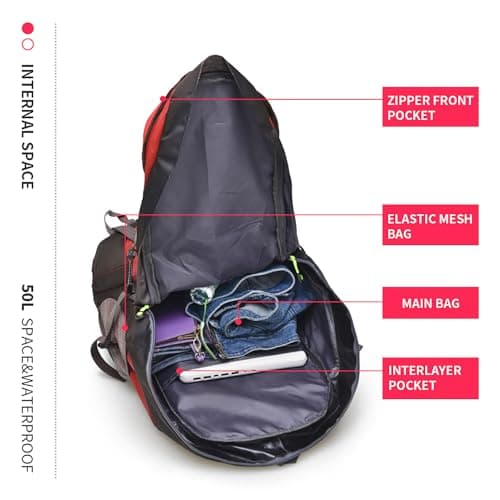 Bseash 50L Hiking Backpack, Water Resistant Lightweight Outdoor Sport Daypack Travel Bag for Camping Climbing Touring (Red - No Shoe Compartment) — view 3
