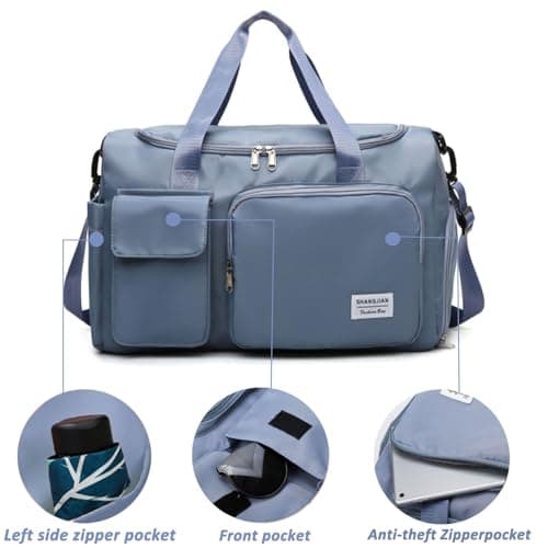 Sports Gym Bag Foldable Overnight Weekend Bags Womens Mens Duffel Bag with Shoes Compartment Water Resistant Holdall with Wet and Dry Separation Bag for Sports and Travel (Blue) — view 3