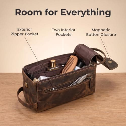 Leather Village Premium Leather Travel Toiletry Bag - Unisex Water-Resistant Travel Dopp Kit, Shaving & Cosmetic Organizer for Men & Women - Compact Bathroom Essentials - Distressed Brown — view 5