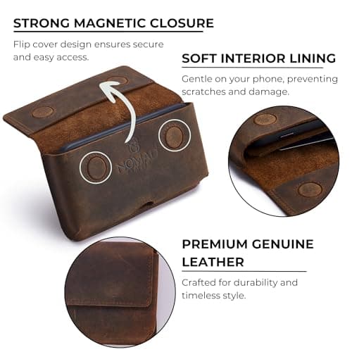 Genuine Leather Horizontal Phone Holster for Men, Horizontal Cell Phone Holder for Belt w/Magnet Closures, Handcrafted Cellphone Case for Iphone and Smartphones — view 5