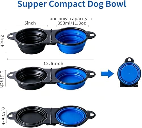 Anti-Tipping Connected Dual Foldable Pet Bowls, 350ml each for small dogs & cats, reinforced rim, collapsible portable food & water feeder, great for walking, hiking, outdoor activities (Black & Blue) — view 3