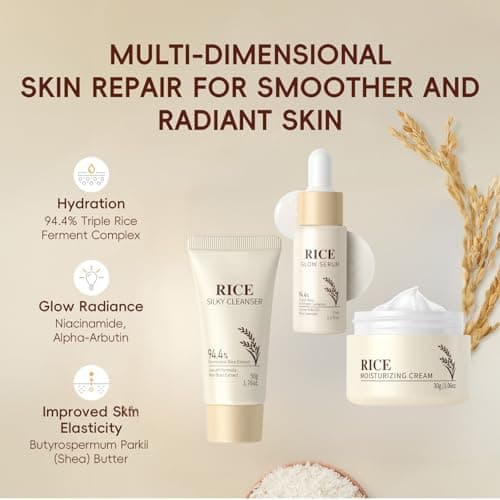 6PCS Rice Skin Care Sets & Kits, Korean Skincare Set-Facial Cleansing Brush & Cleanser, Serum, Face Cream, Hair Band&Tie, Complete Pamper Gifts for Women,Travel Skincare Set for Women Teenage Girls — view 2