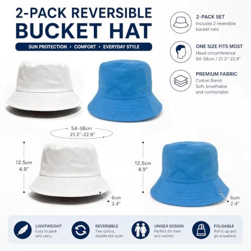 2 Pack Reversible Unisex White Bucket Hat Sun Protection Hiking Travel Hat — view 2