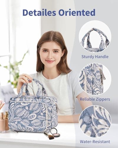 Narwey Full Size Toiletry Bag Large Wash Bag Makeup Bag Travel Organizer Cosmetic Bag for Women (Blue Leaf) — view 6