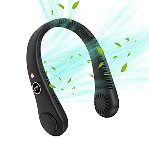 Uotory 360° LED Digital Display Portable Neck Fan,USB Wearable Fan 5 Wind Speeds Hanging Leaf Less Portable Outdoor Hanging Neck Lazy Fan (black) (WWJ-614-4)