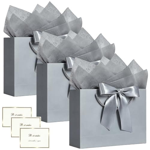 SHUBEIEUMI 3Pcs Gift Bags 28x20x10cm, Paper Bags(Silver Gray)