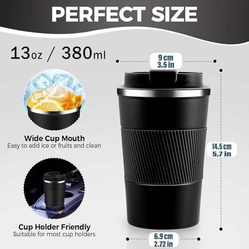 SHENGRUI Travel Mugs, Coffee to go Mug 380ml Insulated Coffee Cup with Leakproof Lid,Reusable Double Walled Coffee Mug,Stainless Steel Thermal Cup for Hot Cold Drinks (Black,380ml) — view 2