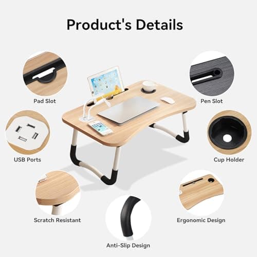 Foldable Laptop Table with USB Ports, Drawer,Cup Holder&Tablet Slot, Walnut — view 4