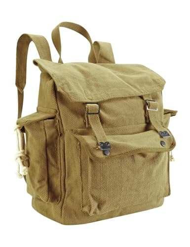 Vintage Canvas Backpack Webbing Rucksack 100% Cotton Army Style Satchel with Side Pockets - Work Travel School Bag - Khaki Beige