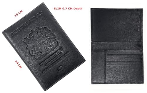MOIRENTO UK Leather Passport Cover - British RFID Blocking Holders Genuine Navy Blue Wallet Passport Travel Wallet Men Women, Black Nappa — view 3
