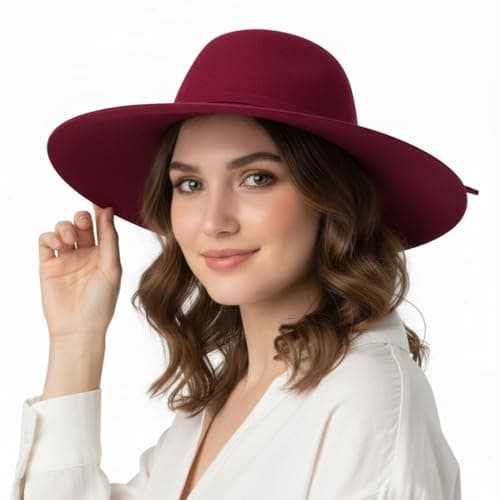 BIWTUP Women’s Wool Wide Brim Sun Hat Packable Summer Fedora, UV Protection Beach Hat, Stylish Travel & Outdoor Hat Maroon — view 2