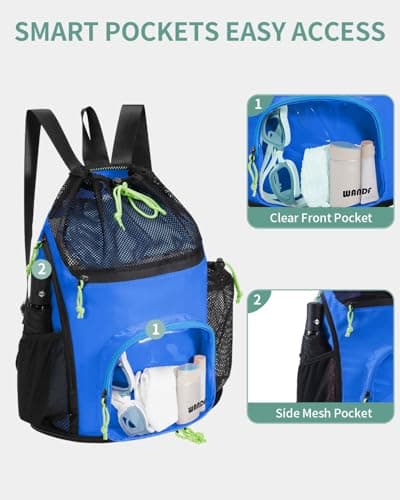 WANDF Swim Bag Mesh Drawstring Backpack with Dual Wet Compartments, 40oz Water Bottle Pocket & Transparent Front Pocket Sandproof Beach Bag for Swimming, Pool, Gym and Workout Gear (Blue) — view 5