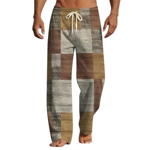 Mens Cotton Linen Trousers Hippie Pants Funny Graphic Patchwork Festival Clothes Light Breathable Summer Beach Jogging Bottoms Baggy Travel Quick-Dry Trackpants Elastic Waist Classic Work Trousers