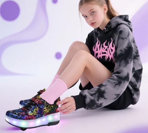 HUSKSWARE Kids Shoes with Wheels – LED Light-Up Roller Sneakers Boys Girls, Retractable Skating Trainers, USB Rechargeable Outdoor Sports Shoes EU 27-40 White Black Pink — view 2