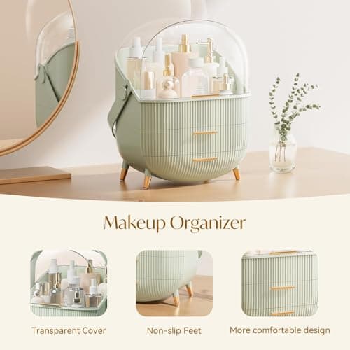 SIOOUI Makeup Organizer for Vanity, Portable Waterproof Dustproof Bathroom Organizer and Storage with Lid, Cosmetic Display Case Skincare Organizers (Mint Green) — view 2