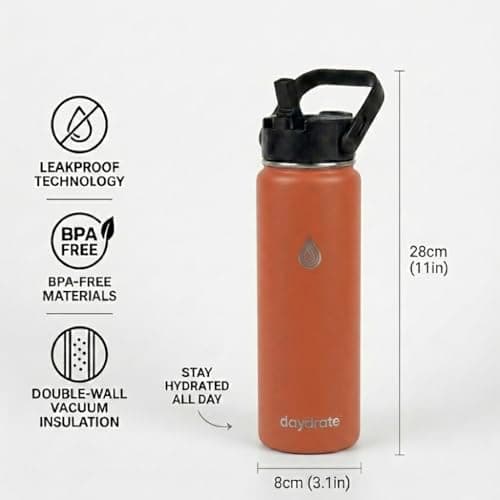 Insulated Metal Water Bottle with Straw 750ml- Stainless Steel Water Bottle, BPA Free, Dual Lid Straw & Spout, Leakproof, 24 Hours Cold & Hot, Work, Travel, Gym Bottle for Men & Women-Orange- Daydrate — view 4
