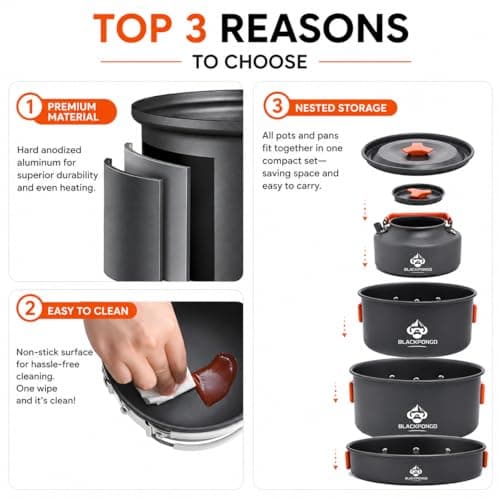 Blackpongo Camping Cookware Mess Kit for Backpacking Gear – Camping Cooking Set - Camping Pots and Pans Set - Camp Kitchen Equipment Accessories Pot (Orange) — view 2