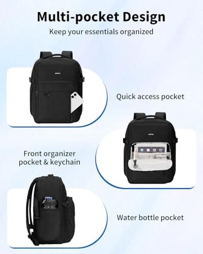 ECOHUB for Ryanair Cabin Bags 40x30x20, 24L Womens Travel Backpack Underseat Carry On Rucksack with Laptop Compartment, Recycled Water-resistant Hand Luggage Bag for Flight Overnight, Classic Black — view 5