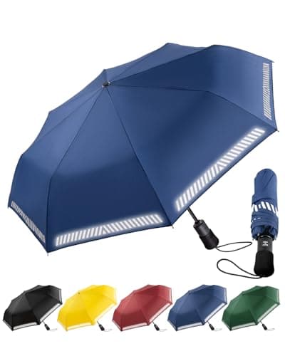 Chakipee Umbrella Windproof Strong Compact Travel Blue Pocket Automatic Reflective Safety Strip Folding Outdoor for Rain Inverted Umbrellas for Men and Women 8 Ribs Double Canopy Portable