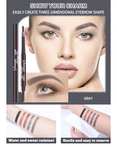Berinist Waterproof Eyebrow Pencils for Women, 6 Pack Double Sided Grey Eyebrow Pencil with Razor Set, Triangle Tip Makes Defining and Filling Eyebrows for One — view 3
