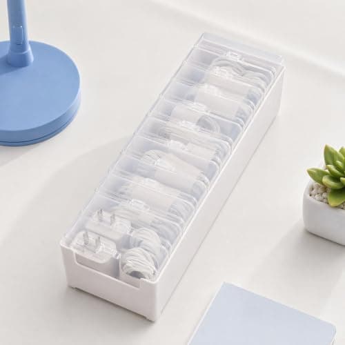 11-Slot Cable Management Box, White Stackable Wire Organizer Clear Cases
