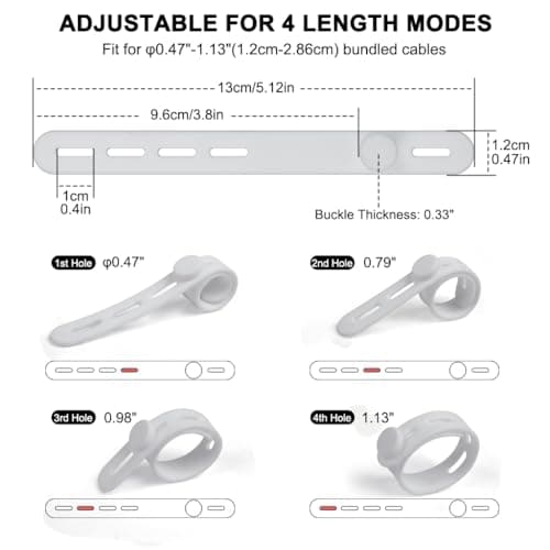 YOYUSH Silicone Cable Ties, 10 Pcs Adjustable Zip Ties with Lock Buckle, Reusable Cable Straps for Home Office Travel, Elastic Cord Organizer for Power Cords, USB Cables, Charging Cables(White) — view 2