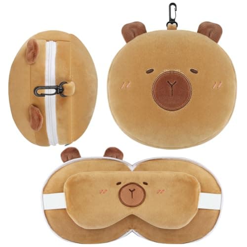Alaoo Plush Travel Pillow and Eye Mask, Eye Mask Pillow with Cute Animal, Flight Plane Neck Pillows Play Companion for Adults and Children in Sleeping Airplane, Capybaras