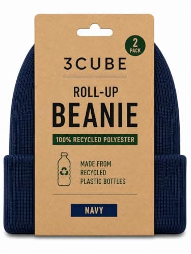 3CUBE Recycled Polyester Roll-Up Beanie Hats, Pack of 2, Unisex Winter Knitted Hats, Made from Recycled Plastic Bottles, One Size – Black, Navy and Royal Blue (Navy Blue) — view 3