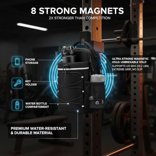 IAGOM Magnetic Gym Bag 3-Piece Set with Water Bottle & Towel - 8 Strong Magnets Fitness Pouch for Racks & Equipment, Upgraded Wide Comfort Shoulder Strap, Workout Essentials Bag for Men & Women — view 2