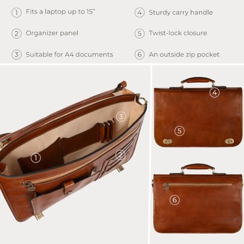 Time Resistance Leather Briefcase Hand-Crafted Shoulder Messenger Bag for Laptop up to 15 Inch Light Brown — view 6