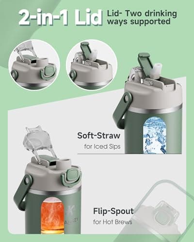 KANGZY Metal Water Bottle with Straw 1L/32oz – Vacuum Insulated Stainless Steel Flask, 2-in-1 Straw & Spout Lid, BPA-Free Leak-Proof Tumbler, Keeps Drinks Hot 8H+ / Cold 24H for Work, Travel Green — view 2