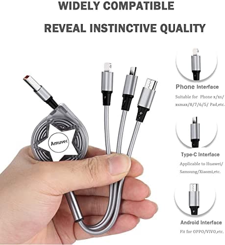 Amuvec 2 Pack 3 in 1 Retractable Charger Cable, 3A Fast Charge Grey Cord 1M — view 2