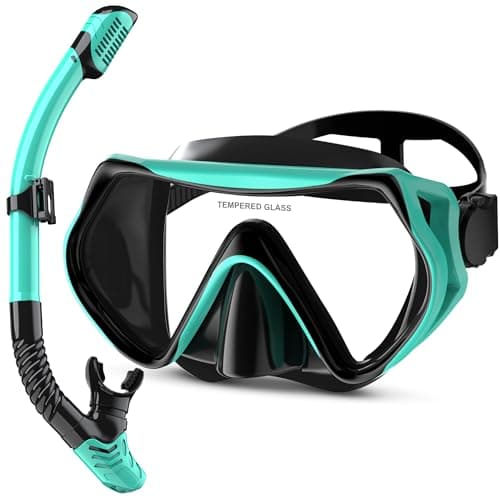 MELUMILU Snorkel Set, Snorkel Mask 180° Panoramic Wide View, Anti-Fog Scuba Diving Gear, Professional Swim Goggles for Free Breathing, Swim, Diving, (Black Green)