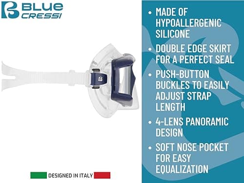 Cressi Horizion+Scilla Combo Clear/Blue Navy - Combo Set Horizon Mask 4 Separate Tempered Glasses and Scilla Top Dry Valve System Snorkel for Diving and Snorkelling — view 4