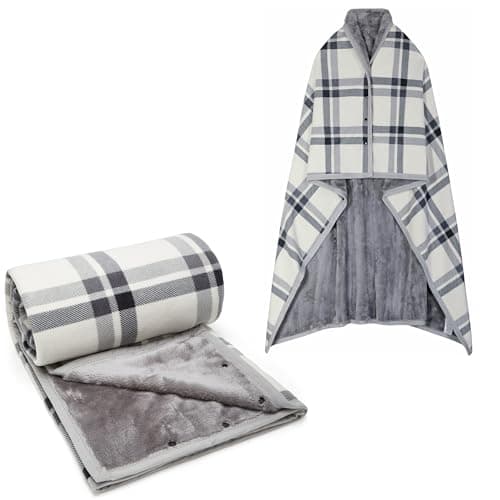 SIVENKE Fleece Wearable Blanket, Plaid Lap Blanket Comfy Poncho Plush Blankets Throw Women Shawl Wrap Cover Cape with Buttons for Bed Sofa Office 100 x 140cm