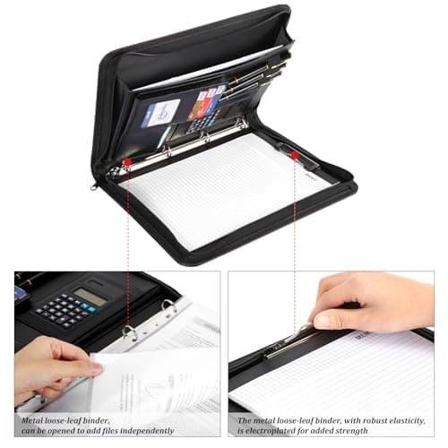 Leathario Portfolio Folder A4, Vegan Leather 4-Ring Conference Folder, Includes 10 Clear Sheet Protectors and a Pen, Multi-Pocket Travel Document Holder, Folder Organiser, Office Supplies — view 6