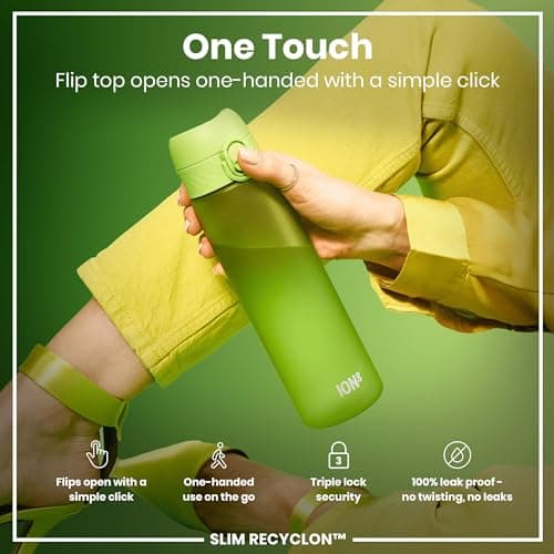 Ion8 Water Bottle, 500 ml/18 oz, Leak Proof, Easy to Open, Secure Lock, Dishwasher Safe, BPA Free, Hygienic Flip Cover, Carry Handle, Fits Cup Holders, Easy Clean, Carbon Neutral, Green — view 3