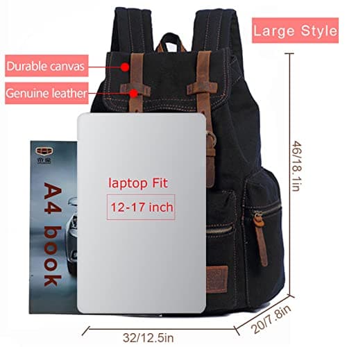 AUGUR High Capacity Canvas Vintage Backpack - for School Hiking Travel 12-15.6" Laptop Backapcks for men Casual Daypacks (Larger-Black) — view 2