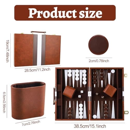Backgammon Set, 11 Inch Backgammon Set With Premium Leather Case, Portable Board Game With Acrylic Playing Pieces & Wooden Dice Cups, Backgammon Travel Set For Adults And Kids (Brown) — view 5