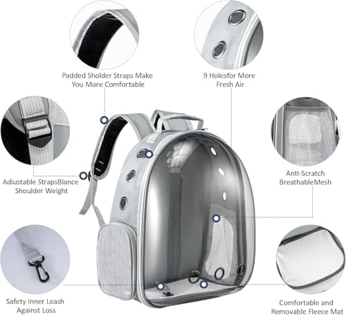 LN COZY CORNER Transparent Bubble Cat Backpack –Space Capsule Pet Carrier Backpack with Hard‑Shell Dome, Breathable Mesh & Padded Straps – Hands‑Free Travel Cat Bag Carrier (Grey) — view 3