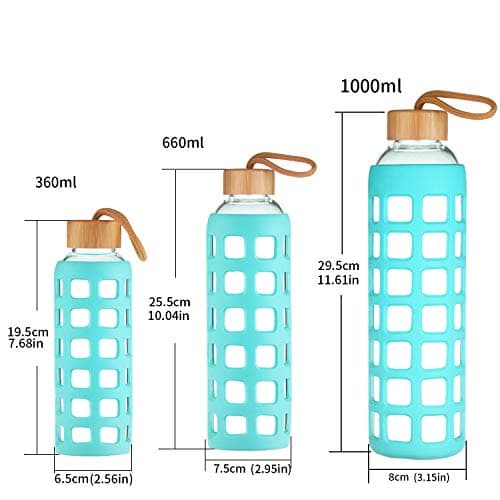 Cleesmil Sports Glass Water Bottle with Silicone Sleeve with Bamboo Lid BPA Free 660 ml (Aqua Blue) — view 3