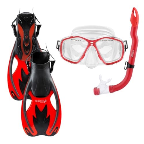 Two Bare Feet Snorkel, Mask and Fins/Flippers PVC Diving Set (Kids) With Anti Fog and Wide View Mask, Anti-Leak, Tempered Glass- Scuba Dive Snorkelling Sets (L-XL UK 1-4, Red)