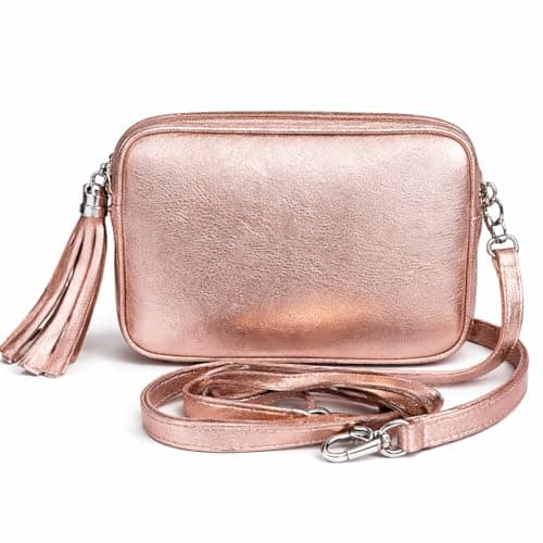 LeahWard Women's Leather Cross Body Camera Bags Tassel Charm Party Wedding Holiday Handbags (Rose Gold)