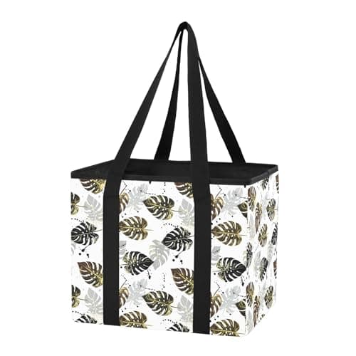 Grckit Car Trunk Organizer Gold Monstera Heavy Duty Collapsible Storage Tote Bag with Reinforced Handles for Shopping Travel Picnic