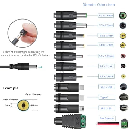 SZZKtech 5V 1A AC Adapter Power Supply Cord with 11 changeable plug tips AC to DC5Volt 1A 500mA 400mA 200mA 100mA power adapter for Baby monitor speaker camera 5V wall charger 6FT — view 2