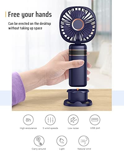 FAPPEN Mini Handheld Fan, Portable USB Hand Held Fan, Rechargeable 5 Speeds Folding Hand Fans with Base and Lanyard for Home Office Bedroom Outdoor Travel(Deep Blue) — view 2