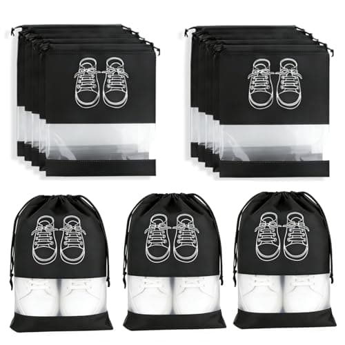 10Pcs Travel Shoe Bags, 44 x 32cm Dust Proof Shoe Storage Bags, Large Drawstring Non-Woven Shoes Storage Bags, Drawstring Shoe Bag for Daily and Travel Use (Black)