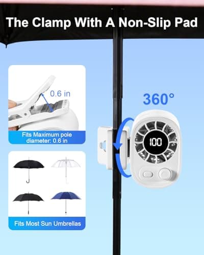 WISFISSH Portable Clip On Fan for Umbrella,Ultra Light 0.28 Lb,100 Wind Speed Stepless Adjustment,Personal Rechargeable Clip On Fan for Umbrella Beach Outdoor Travel Essential(White) — view 5