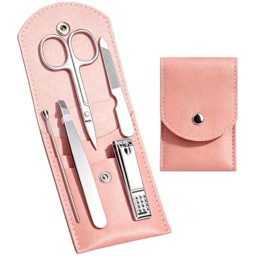 HANTEKAS Travel Manicure Set Professional Nail Clipper Kit-5 Pieces Stainless Steel Manicure Kit, Women Men Grooming kit With Nail Care Tools Beauty Scissors Tweezers (Silver Pink)